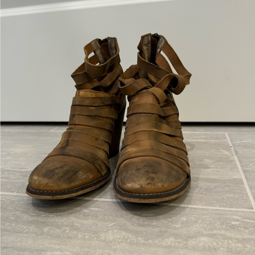FP Strappy Brown Leather Booties